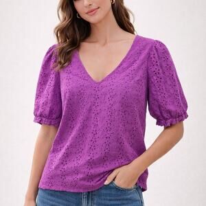 Draper James Cottagecore Eyelet Blouse XS Lavender Puff Sleeve Top Romantic